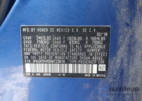 2019 Honda Fit Lx z USA, uszkodzony, nr VIN 3HGGK5H45KM723616